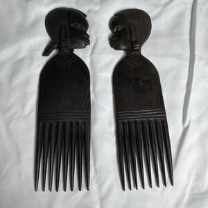 Vintage Set  Hand Carved African Wooden Pick Combs 9"